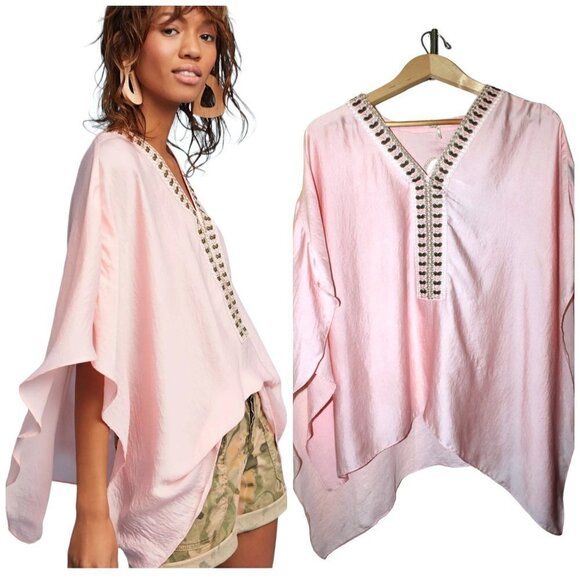 Anthropologie June Embroidered Floral & Cranes Pink Top One Size Flare Sleeves - Picture 1 of 14